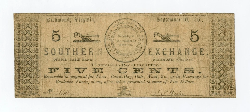 1861 5c S.P. Cocke / Southern Exchange - Richmond, VIRGINIA Scrip - Image 1 of 2