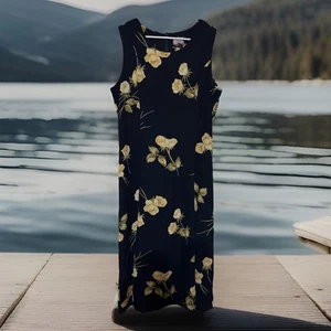 Abito tubino floreale chic Premier blu navy/giallo boho MIDI TAGLIA COTTAGE CORE XL - Foto 1 di 4