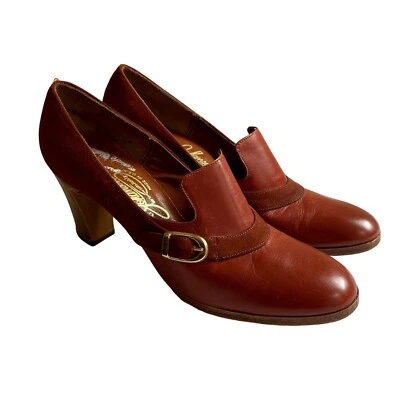 70s Vintage Johansen Brown Leather and Suede Heeled Loafers Size 7.5 Heel 3" - Image 1 of 4