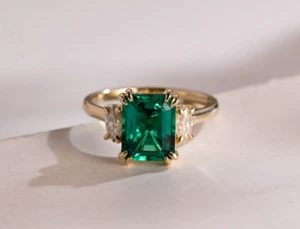 Natural Emerald 3 Carat Emerald-Cut  & Diamond Wedding Ring 18K Rose Gold Plated - Picture 1 of 8