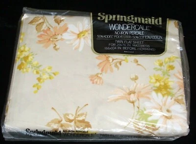 Springmaid Wondercale Twin Flat Floral Sheet Daisy Beige Yellow Coral White NEW - Image 1 of 2