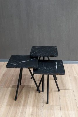 Square Metal Leg 3-Piece Nesting Table Tea Serving Table – Black Marble / Black - Image 1 of 3