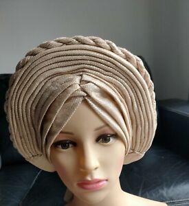Elegant African occasion design Auto Gele Plated 100% Aso Oke. Gold Colour Only!