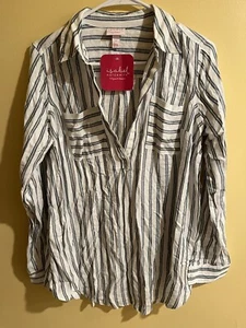 NEW Isabel Maternity Womens Size Medium White Stripe Plaid Button Up Long Shirt - Picture 1 of 5