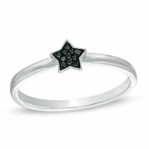 Round Cut Black Real Diamond Accent Star Band Ring For Women's In 10K White Gold - Picture 1 of 6