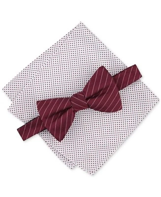 NWT Alfani Ozark Stripe Bow Tie & Dot Pocket Square Set OS Burgundy Pre-Tied  - Image 1 of 4