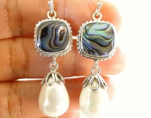 Paua Abalone Shell White Pearl Drop 925 Sterling Silver Dangle Earrings - Picture 1 of 3