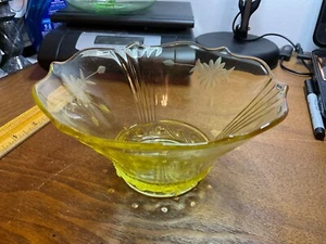 Lancaster Yellow Depression Glass Etched Bowl Ruffled rim 6.5” x 3.25” - Picture 1 of 5