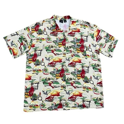 Vintage GUESS Men's L Asian Geisha Print Camp Button Down Shirt Short Sleeve - Изображение 1 из 4