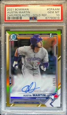 2021 Bowman Austin Martin Chrome Prospect Auto Gold Refractor /50 PSA 10 RC - Image 1 of 2