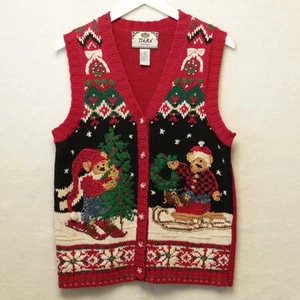 TIARA Skiing Teddy Bears Christmas Tree Novelty Sweater Vest Ramie Cotton Sz PM - Picture 1 of 6