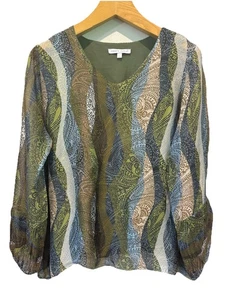 Tempo Paris Top Womens L Blue Silk Chiffon Paisley Blouse Top Italy Career Wear - Picture 1 of 7