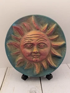 Mexican Sun Face 5" Poured Concrete Wall Hanging Red Turquoise Blue - Picture 1 of 5