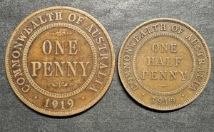 Australia Penny Half Penny 1919 Lot Of 2 Coins George World Foreign - Picture 1 of 2