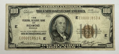 1929 $100 Federal Reserve Bank of Richmond Virginia ~ NATIONAL CURRENCY - Image 1 of 2