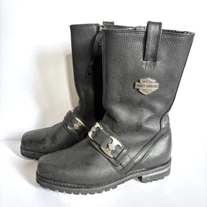 Harley Davidson Boots Men’s 8.5 Black Leather Motorcycle Zip Concho Buckle Tall - Picture 1 of 9