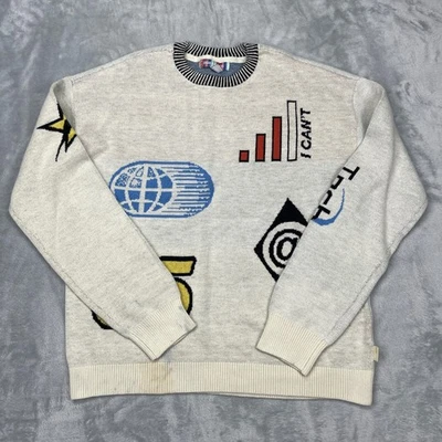 URBAN OUTFITTERS Graphic Knit Sweater Small Cream Multi Color Print Crew Neck - Image 1 of 4