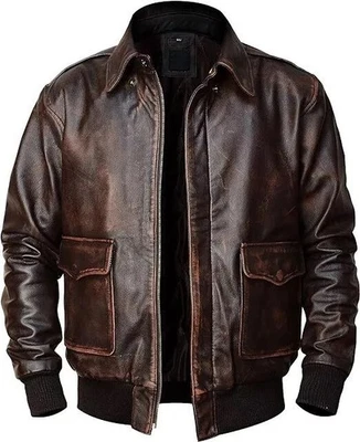 Men's A2 Flight Pilot Vintage Air Force Aviator Brown Bomber Leather Jacket - Image 1 of 4