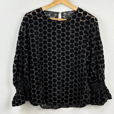 Blusa Top ZARA Terciopelo Negro Lunares Malla Transparente Manga Larga Volantes Puño Foto 1 de 4