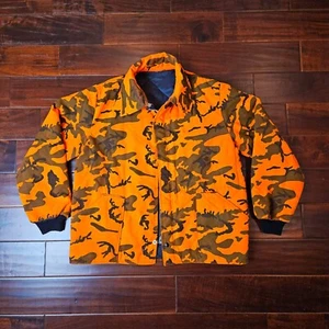 Insulated Hunters Orange Camo Jacket Men's Large Quilted Lining Cuffed Sleeves - Picture 1 of 8