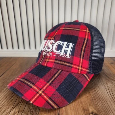 Gorra Busch Beer Snapback roja azul a cuadros leñador para hombre al aire libre resistente Adams Foto 1 de 4