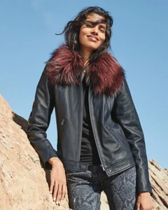 NWT $625 Neiman Marcus navy blue leather Zip Moto Jacket red Fur Collar & GIFT L - Picture 1 of 12