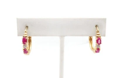 10k Yellow Gold Ruby Diamond Hoop Earrings R6 - Image 1 of 4