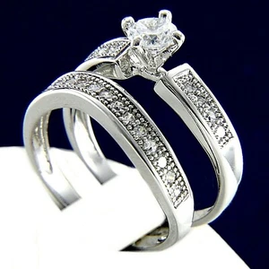 Engagement Ring Women's 0.79 CT CZ Wedding Bridal Stainless Steel Band Set - Picture 1 of 17
