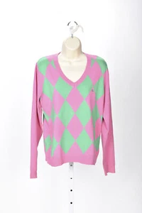 Lilly Pulitzer Lightweight Pink and Green Argyle V-Neck Sweater Size L - Picture 1 of 2