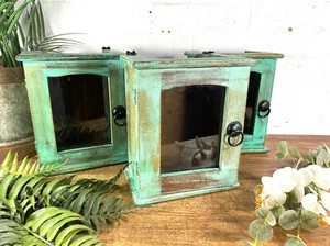 Vintage zurückgewonnene indische kleine grüne glasierte Holzwand Vitrine - Bild 1 von 10
