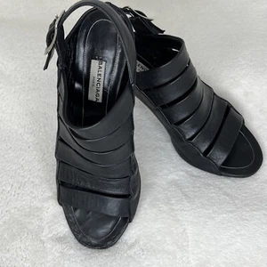 BALENCIAGA Multi-Horizontal Strap Leather Open Toe Sandals Black Size 37.5 - Picture 1 of 11