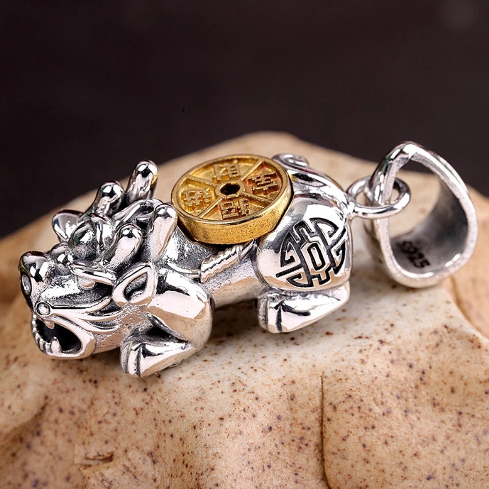 Men Real S925 Sterling Silver Pendant Lucky Bless Coin Pixiu Pendant 14-18g - Image 1 of 4