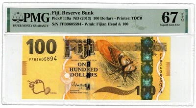 2022 Fiji P119b 100 Dollar Banknote UNC Flora Fauna Insect PMG 67 - Image 1 of 2
