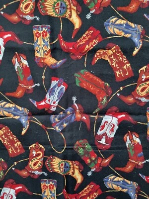 Alexander Henry Well-Heeled Colorful Cowboy Boots & Ropes on Black Fabric 51" - Image 1 of 2