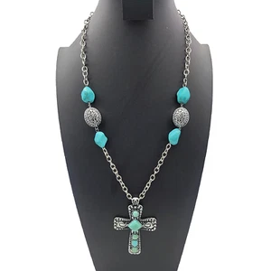 Howelite Blue Cross Pendant Necklace 24 inch cable chain Silver Tone WO0711 - Picture 1 of 4