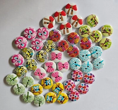 50 Flower Owl Bow etc Buttons, 10 Designs with 5 of Each Design Wooden Size 15mm - Image 1 of 3