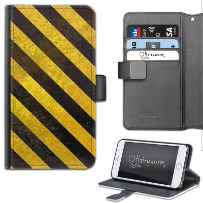 Grey Any Yellow Hazard Stripes Deluxe PU Leather Wallet Flip Phone Case - Image 1 of 4