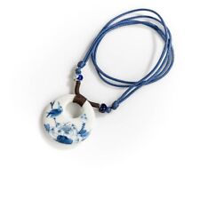 Kawaii Adjustable Blue  Cord Jingdezhen Ceramic Bird & Lotus Pendant Necklace