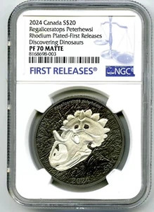 2024 $20 1 OZ CANADÁ DINOSAURIOS REGALICERATOPS RODIO NGC PF70 PRUEBA DE PLATA - FR - Imagen 1 de 2