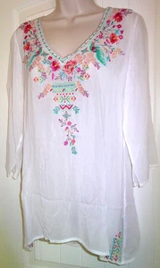 Johnny Was Embroidered White Silky Rayon V-Neck Blouse, Flowers/Peacocks, S, EUC - Picture 1 of 15