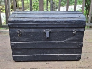 Antique Dome Steamer Trunk Embossed Metal & Wood Body Chest Late Victorian  - Picture 1 of 22