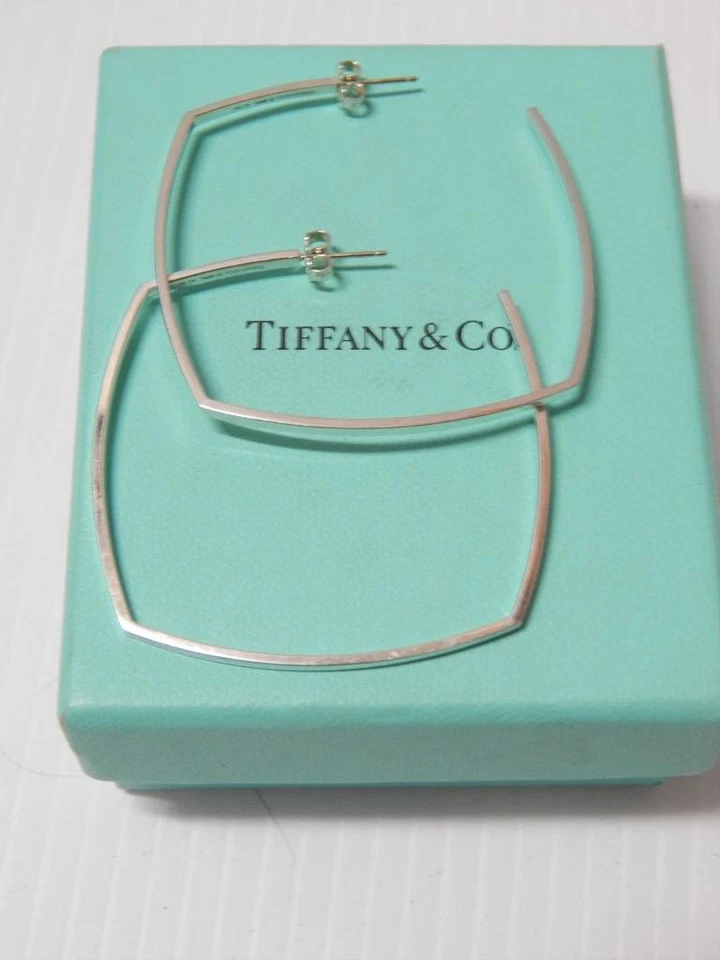 BRINCOS DE ARGOLA MODERNISTA QUADRADO GRANDE PRATA ESTERLINA FRANK GEHRY TIFFANY + CAIXA - Imagem 1 de 4