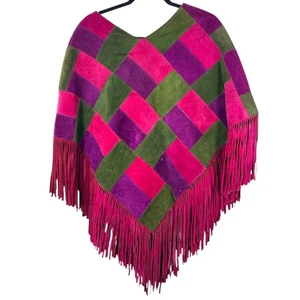 Victor Vintage 60er Jahre Boho Hippie Leder rosa lila Fransen Poncho One Size - Bild 1 von 6