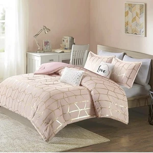 Raina Comforter Set, Microfiber Metallic Print Geometric Design, King/Cal King - Picture 1 of 9
