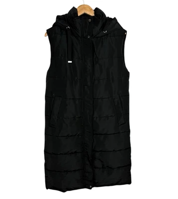 Stradivarius Long Quilted Jacket Women’s UK Size XS Hooded Black Padded Gilet - Image 1 of 4