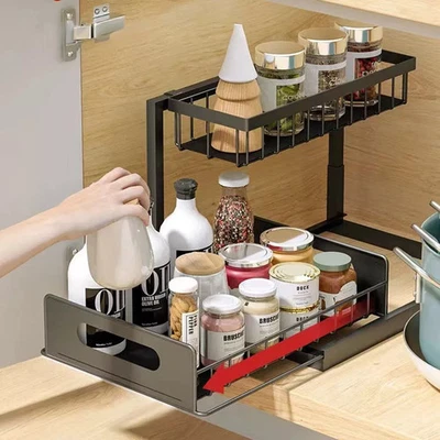 2 Tier Pull Out Basket Kitchen Under Sink Rack Cupboard Organiser Drawer Storage - Image 1 of 4