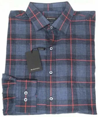 Bugatchi Classic Fit Mens Shirt Long Sleeve Blue Navy Red Plaid Cotton $149 - Image 1 of 3