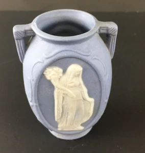 Vintage Miniature Blue Faux Wedgewood Jasperware Bud Vase with Woman Japan 3" - Picture 1 of 6