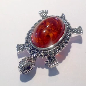 Sterling Silber Markasit braun Honig Bernstein Meerestier Schildkröte Brosche Anhänger 4 cm - Bild 1 von 8