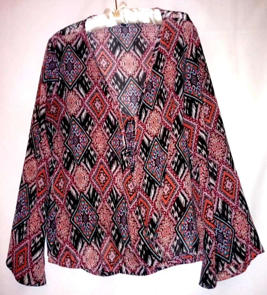 Derek Heart Top 1X Silky Sheer Boho Popover Banded Hem Cross Over Bust Shirt - Image 1 of 4